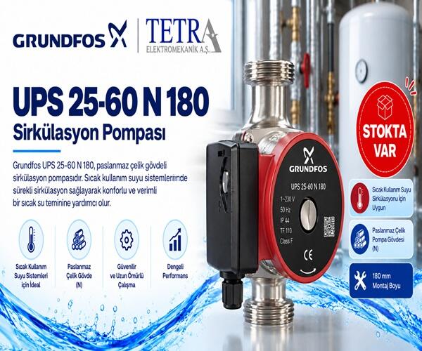 Grundfos UPS 25-60 N 180 Sirkülasyon Pompası – Stokta