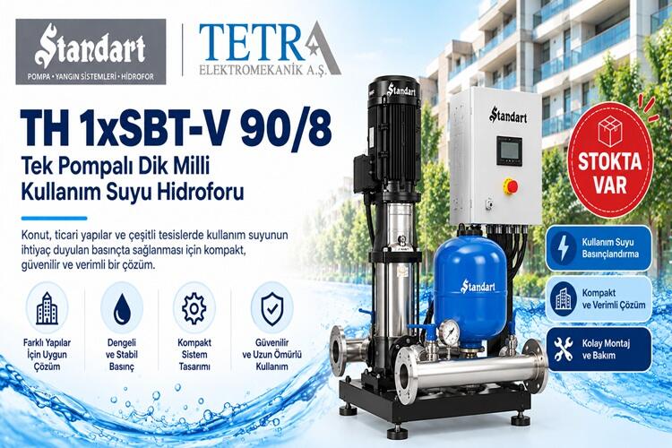 Standart Pompa TH 1xSBT-V 90/8 Tek Pompalı Dik Milli Kullanım Suyu Hidroforu